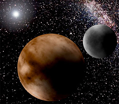 Artist's rendering of Pluto, Charon and the sun
