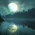 A bright Taurus Full Moon reflects in a calm lake surrounded by dense trees under a cloudy night sky.