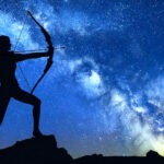 Silhouette of a person aiming an unwavering arrow, set against a starry night sky with the Milky Way and crescent moon visible under the Sagittarius New Moon of 2024.