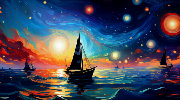 A colorful, abstract painting depicts sailboats on a vibrant ocean under a swirling, starry sky with bright orbs and dynamic patterns.