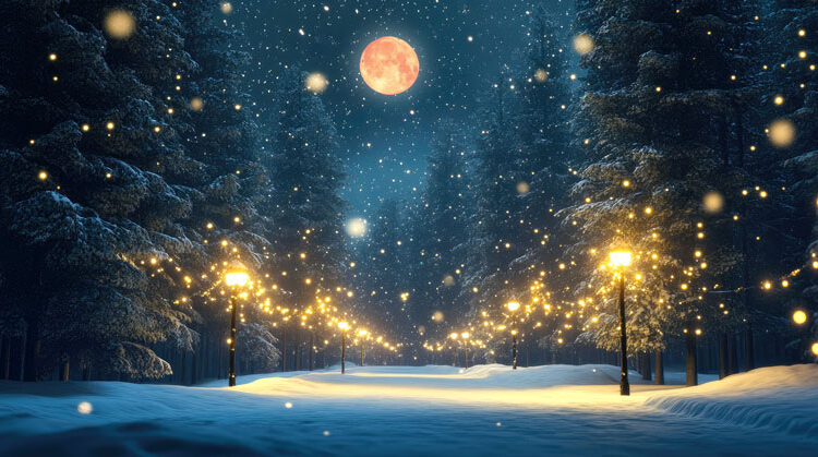 A snow-covered pathway lined with glowing street lamps lies beneath the Gemini Full Moon 2024, surrounded by trees and falling snowflakes.