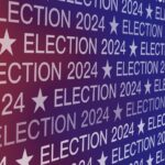 The image displays a repeating pattern of the text "Election 2024" adorned with stars, seamlessly blending into a gradient background transitioning from red to blue, capturing the anticipation of the US Election.